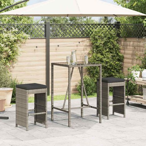 Tabourets de bar de jardin en résine tressée avec coussins gris lot de 2 - PANGIVO (1/5)