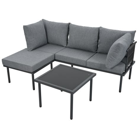 Ensemble Mobilier Jardin Angle Canapé Table Basse Pouf Acier Galvanisé Verre Extérieur Piscine Gris Noir (1/5)