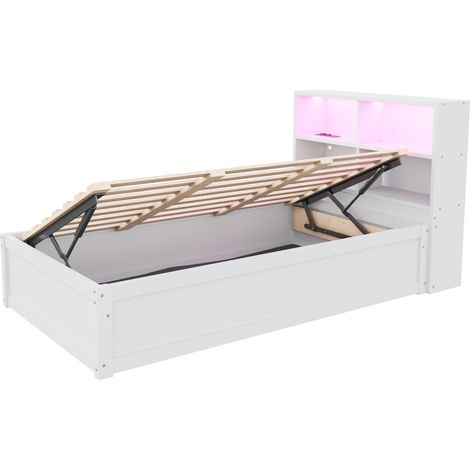 Letto multifunzione 90 x 200 cm con contenitori, striscia LED e presa integrata, bianco, MODENUIT (1/5)