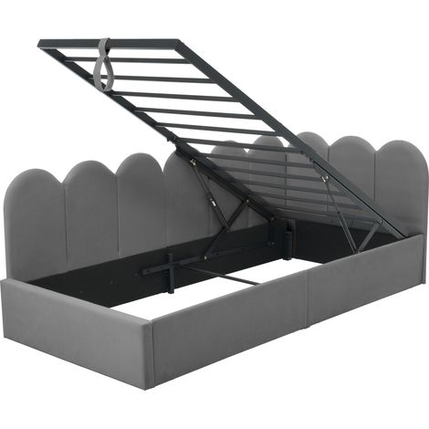 Cama banqueta 90x190 cm de terciopelo gris con almacenaje hidráulico y somier metálico (1/5)