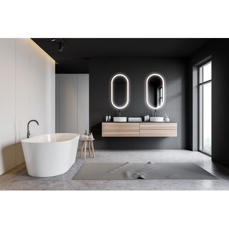 Miroir elliptique avec cadre acrylique éclairé pour salles de bains, dressings, maquillage - double capteur marche/arrêt, antibuée, lumière froide (1/2)