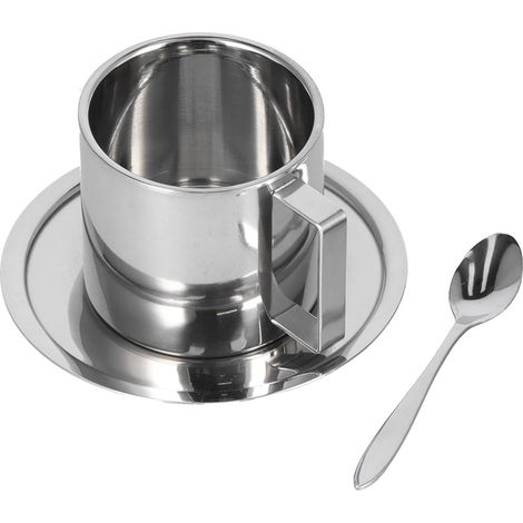 Ensemble de 3 tasses à café isothermes en acier inoxydable à double paroi, avec soucoupe et cuillère (280 ml). (1/5)