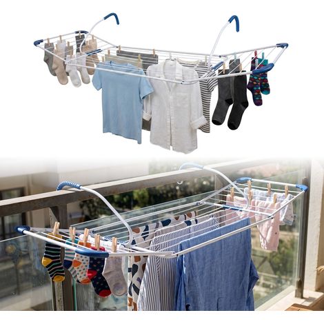 Relaxdays Wäscheständer Heizung, 15 m Trockenlänge, zum Einhängen, Balkon & Heizkörper, Stahl, Wäschehalter, weiß/blau (1/5)