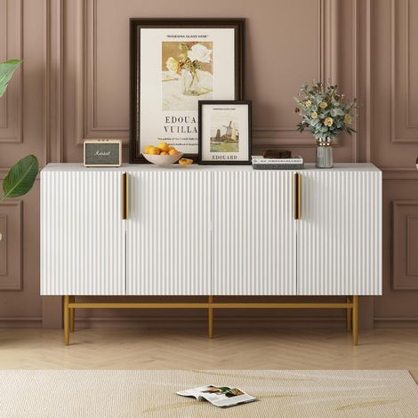 Buffet 4 portes 4 tiroirs blanc poignées dorées style moderne 152.5x80x41cm (1/5)