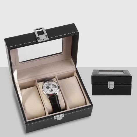 Boîte de rangement en cuir pour montre - Haut de gamme - 3 slots - Noir (1/4)
