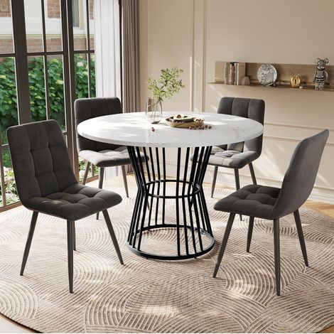 Set tavolo e sedie 5 pezzi, tavolo rotondo 100 cm, 4 sedie, bianco e grigio (1/5)