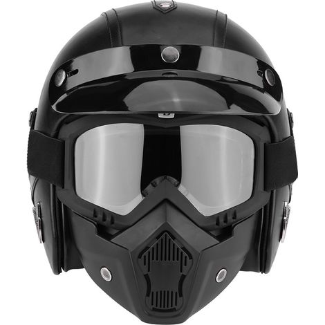 Casque moto scooter universel demi-visière en cuir PU noir mat avec lunettes (1/5)