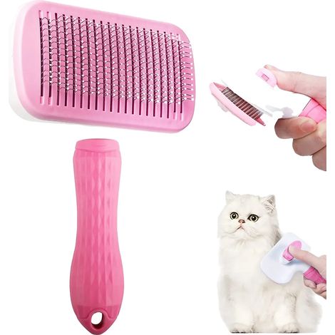 Cepillo de acero inoxidable para eliminar el pelo de mascotas, herramienta de aseo multifuncional, cuadrado rosa (1/2)