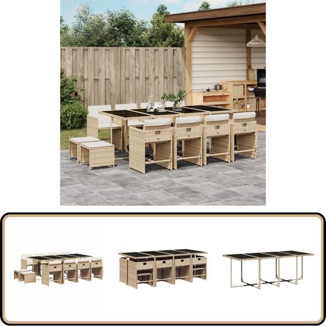 13-tlg. Garten-Essgruppe mit Kissen Beige Poly Rattan - Gartenmöbel Set - Gartentisch - Gartenstühle - Gartenhocker - Rattan Möbel