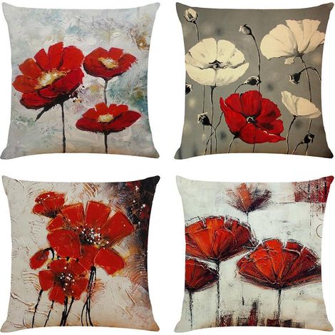 Housse de coussin lin bohème Art Flower 45x45 cm, lot de 4 taies carrées rouges à motif floral, 18x18 pouces, décoration canapé chic. (1/5)