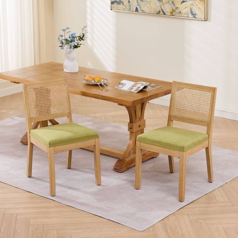 Set di 2 sedie da pranzo per cucina, schienale in vimini, struttura in legno, seduta in lino, stile metà secolo - verde oliva (1/5)