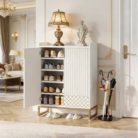 REDOM zapatero 100x41.5x21 cm, 5 niveles, 2 puertas, patas de metal, madera y metal, blanco y dorado (1/5)