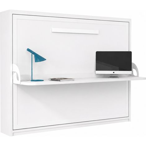 Lit escamotable horizontal avec bureau ANGELINA - Ouverture automatique assistée Matelas mousse 18 cm-Blanc-Avec matelas-140x190 (1/5)