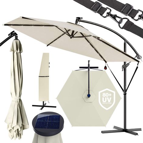 KINGSLEEVE® Sombrilla de Jardín Parasol 300cm Manivela 24 Luces LED Protección UV80+ Seguro Antiviento Funda Protectora Crema (1/9)