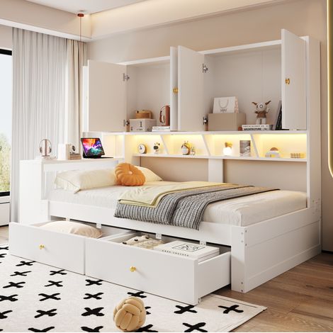 Lit multifonction 90 x 200 cm avec bureau intégré, rangements, tiroirs, LED et prises, blanc (1/5)