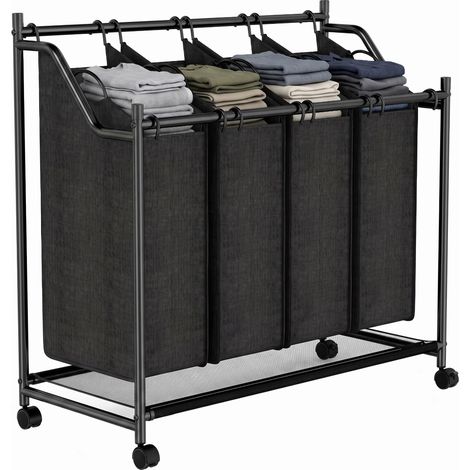 Beyamis Lave-linge avec poignée, panier à linge roulant 108 L avec 4 compartiments et roues, Noir (1/5)