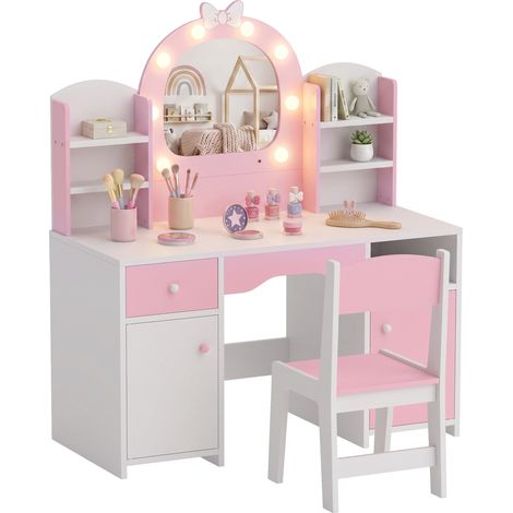 AIYAPLAY Kids Dressing Table with Stool, Lighted Mirror, Pink (1/5)