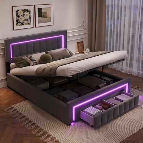 Lit coffre adulte 180x200 cm MODFU Boxspring, lit fonctionnel avec LED et tiroirs, lit de rangement en velours avec sommier tapissier et cadre à lattes, matelas non inclus, gris foncé (1/5)