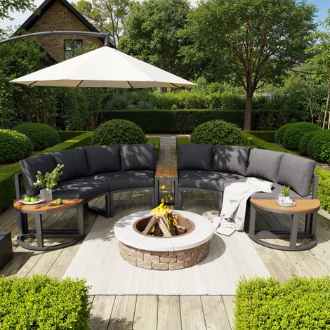 Set di arredamento da esterno per 4-6 persone, set di poltrone lounge da giardino con cuscini per seduta e schienale grigi, piedini regolabili, divano rotondo, grigio (1/5)