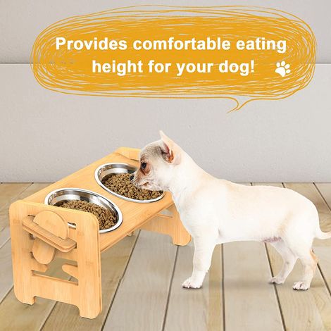 Hofuton Gamelles Surélevées - pour Chiens et Chats - Supports Surélevés en Bambou avec 2 Gamelles d'eau et de Nourriture en Acier Inoxydable - avec Pieds Antidérapants (H. 19.5 cm) (1/5)
