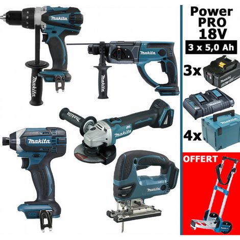 Pack Makita Power PRO 5 outils 18V: DDF458 + DHR202 + DGA504 + DTD152 + DJV180 + 3 batt 5Ah + 4 Coffrets + chariot diable OFFERT (1/5)