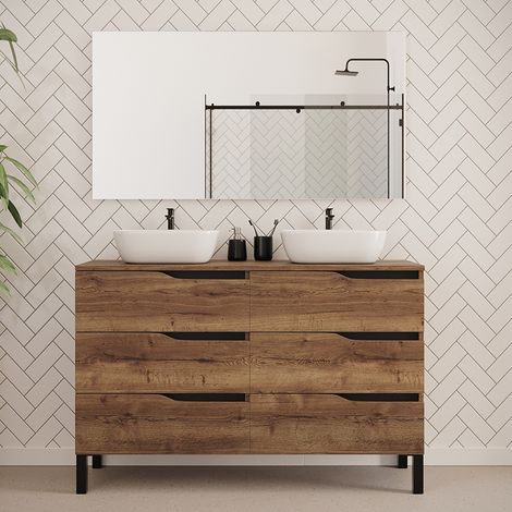 Meuble de salle de bain 140cm avec plateau et deux vasques à poser zeus - 6 tiroirs - madera miel (chêne clair) - MATA (1/5)