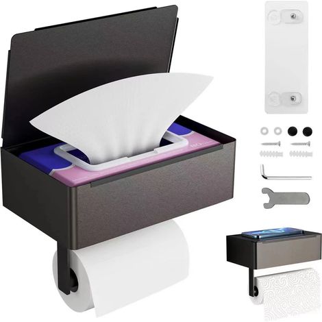Toilettenpapierhalter Schwarz, Klopapierhalter Ohne Bohren mit Feuchttücherbox Klorollenhalter, Toilettenpapierhalter mit Ablage für Badezimmer, Selbstklebend or Bohren (Matte Black) (1/4)