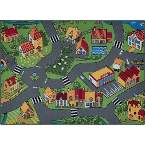 REBEL ROADS TEPPICH Village life 90 Provinz, rutschfest für Kinder - grau grey 95x133 cm