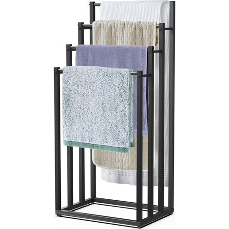 Porte-Serviettes autoportant sur Pied Support à 4 Niveaux en Métal Rangement Stable pour Serviettes de Bain et Accessoires à Côté de la Douche Baignoire ou Lavabo Noir (1/5)