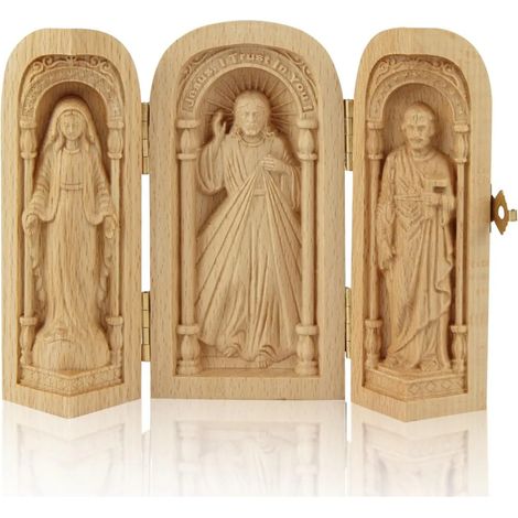 Petite église de voyage en bois Église portable Statues de Jésus-Mère et Joseph Triptyque de cadeaux religieux (1/5)