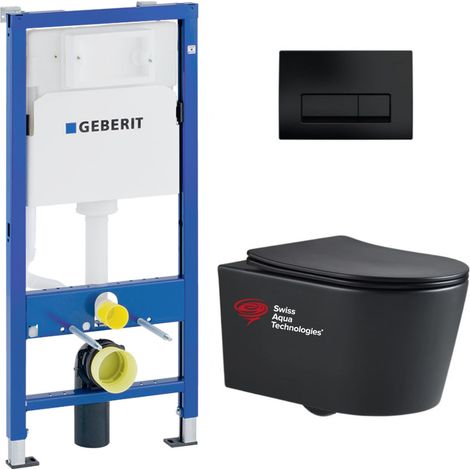 Pack WC Bati-support Geberit + WC Swiss Aqua Technologies sans bride + Abattant softclose + Plaque noire mat