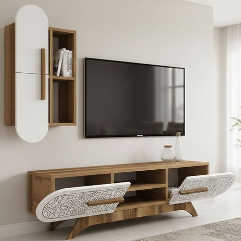 Dmora - Parete attrezzata Nemb, Composizione soggiorno, Mobile salotto multiuso, Armadio porta TV, 145x35h37 cm, Noce e Bianco, con imballo rinforzato, con imballo rinforzato (1/4)