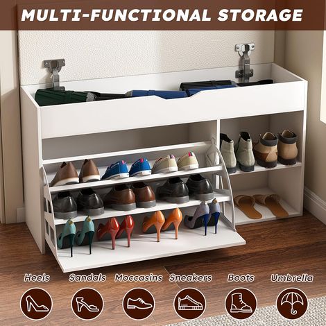 Banc à chaussures rembourré – Rangement caché, étagères, pour chambre, salon, entrée, blanc – Gain de place et assise discrète (1/5)