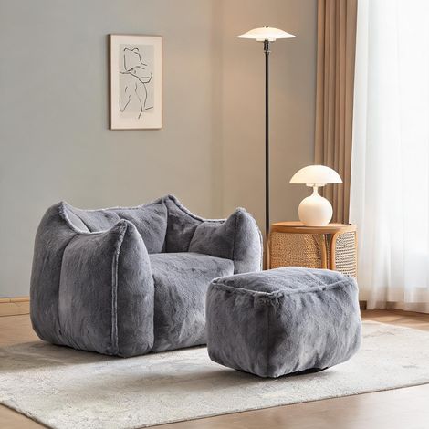 Salon détente fauteuil poire gris en fausse fourrure avec ottoman (1/5)