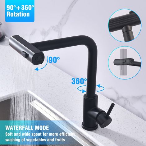 Wasserhahn Küche Schwarz, Küchenarmatur Ausziehbar mit 2 Strahlarten 360° Drehbar, Mischbatterie Küche, Hochdruck Armatur, Spültischarmatur (1/5)