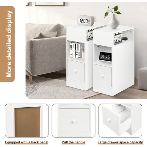 Schmale Nachttische, 2er-Set, Beistelltische mit 1 Schublade und offenem Fach, Beistelltisch, Sofa-Beistelltisch, platzsparend, für Schlafzimmer, Wohnzimmer – Weiß (1/5)