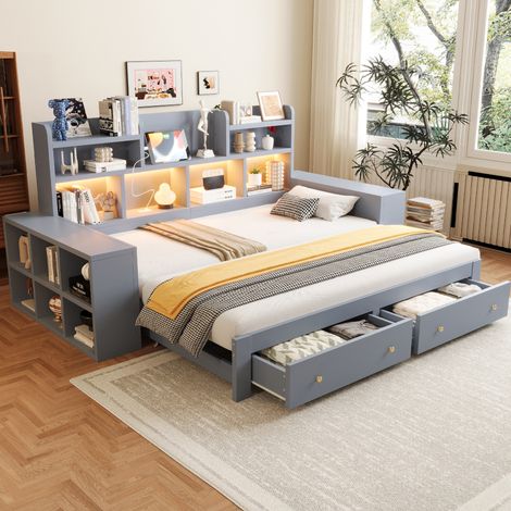 Canapé-lit 90x200 cm extensible gris en contreplaqué et MDF avec rangement LED - CHICFURN (1/5)