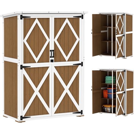 Abri de jardin de 0,55 m² avec 2 étagères, 2 portes verrouillables et pieds réglables, en bois de sapin avec toit en bitume, 116,5 x 57 x 159/167 cm, marron et blanc (1/3)