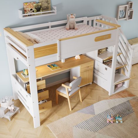 Lit mezzanine 90x200 cm bois massif blanc, lit surélevé avec espace bureau, tiroirs, échelle de rangement et étagère murale, mobilier compact et malin pour chambre ado (1/5)