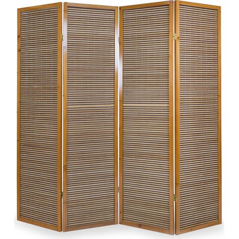 Pegane – Paravent en bois verni et bambou bicolore – 4 panneaux – Charnières double sens – Pour espaces intérieurs et extérieurs (1/5)