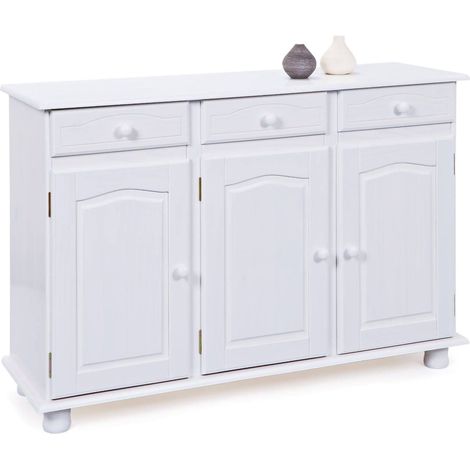Dmora Buffet mit 3 Türen und 3 Schubladen aus weiß wasserlackierter massiver Kiefer 130x43x87h cm