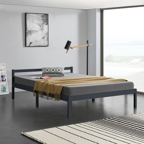 Struttura Letto in Legno di Pino 140 x 200 cm con Testiera Bassa Letto Francese in Design Minimal - Grigio Scuro (1/5)
