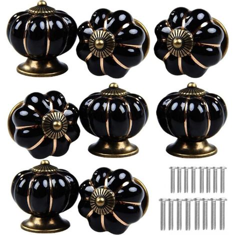 Poignées de porte en céramique en forme de citrouille, convenant aux cuisines, coiffeuses, tiroirs, armoires, etc. (Noir, lot de 8) (1/4)