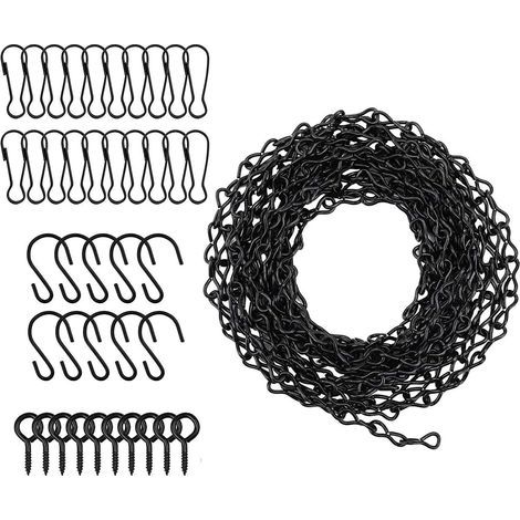 500 cm verstellbare Aufhängekette mit 10 Haken, 20 Clips, 10 Schraubösenhaken, schwarze Stahlkette zum Aufhängen von Vogelfutterhäuschen, Pflanzgefäßen, Tafeln, Laternen (1/5)