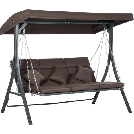 Balancelle 3 places avec toit solaire réglable, structure métal et textile, coussins inclus, marron (1/5)
