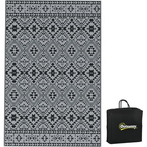 Tapis d'extérieur imperméable pour balcon, terrasse et camping – motif géométrique, écologique, épaisseur 3 mm, couleur noir et gris, dimensions 182 x 274 cm (1/5)