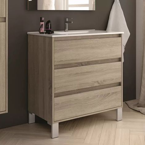 Meuble sous vasque seul, 3 tiroirs, 80cm, pour simple vasque - cambrian (chêne clair) - TIRIS