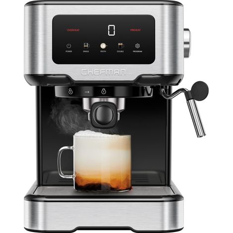 Machine porte-filtre avec pompe 15 bars, écran tactile numérique, vapeur, machine à expresso compacte avec réservoir d'eau amovible de 1,5 l, acier inoxydable