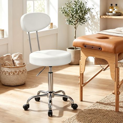 Tabouret pivotant à roulettes, hauteur réglable, revêtement en similicuir avec dossier, idéal pour spa, bureau et salon de tatouage, blanc. (1/5)