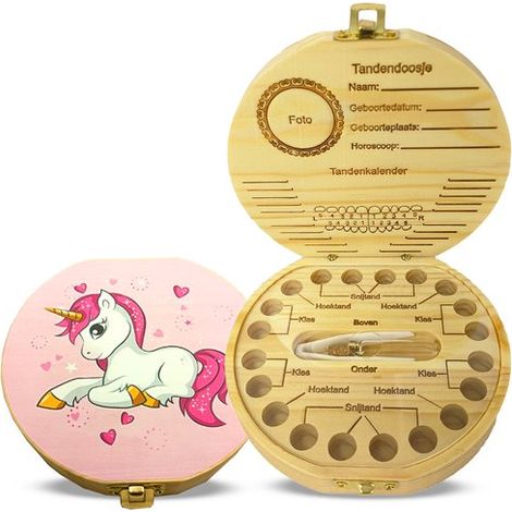 Boîte à dents en bois motif licorne - Rose - Boîte de rangement pour dents de lait - Souvenir d'enfance - Cadeau de naissance et de maternité pour fille (1/5)